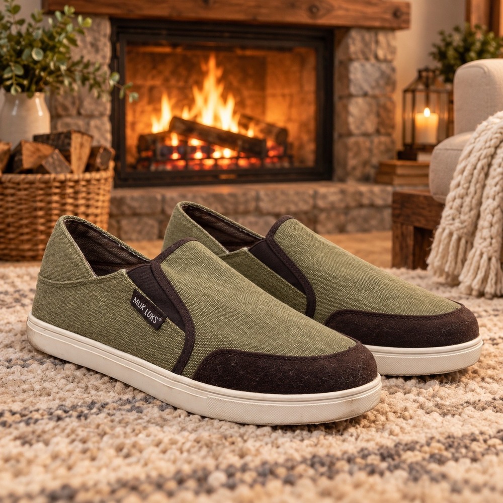 Muk Luks Mens Canvas Slip On Sneakers Olive Green Brown Faux Suede Size 11